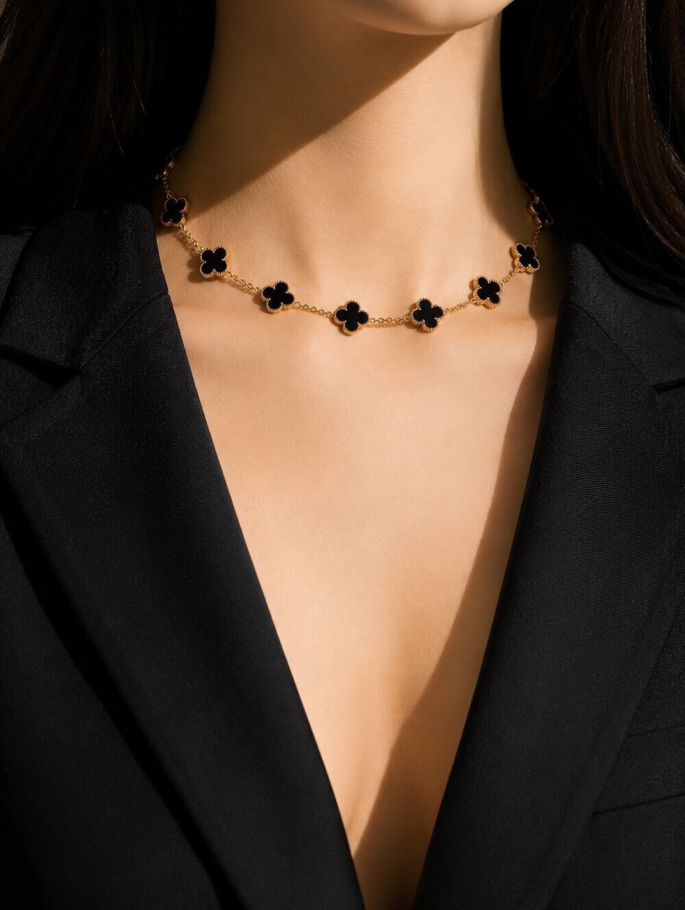 Gold Chain Necklace with Black Clover Pendants